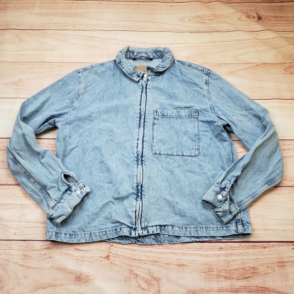 Zara Jacket Women XL Light Wash Blue Denim Zip Up Cotton Lyocell Relaxed Fit